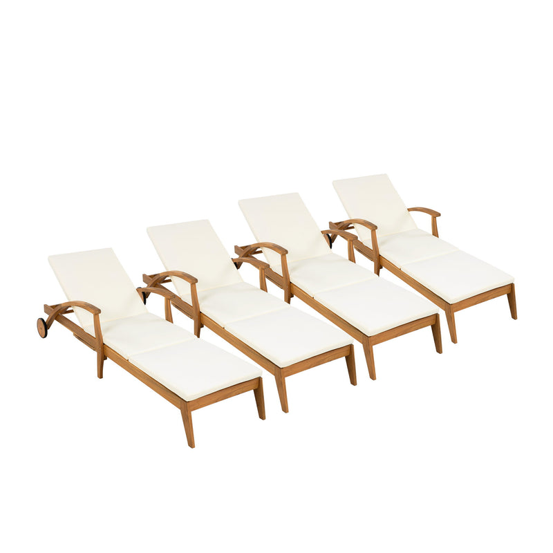 Versatile Chaise Lounge With Wheels Acacia Wood Recliner For Patio - Cream