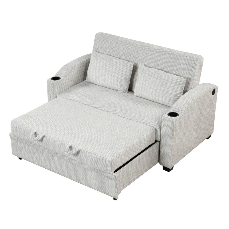 Pull Out Loveseat Sofa With Adjsutable Backrest, 2 Pillows, Cup Holders, USB Ports For Living Room