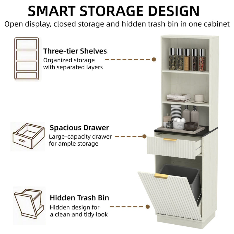 Tall Narrow Fluted Storage Cabinet With Trash Bin Compartment For Kitchen (Trash Can Not Included)
