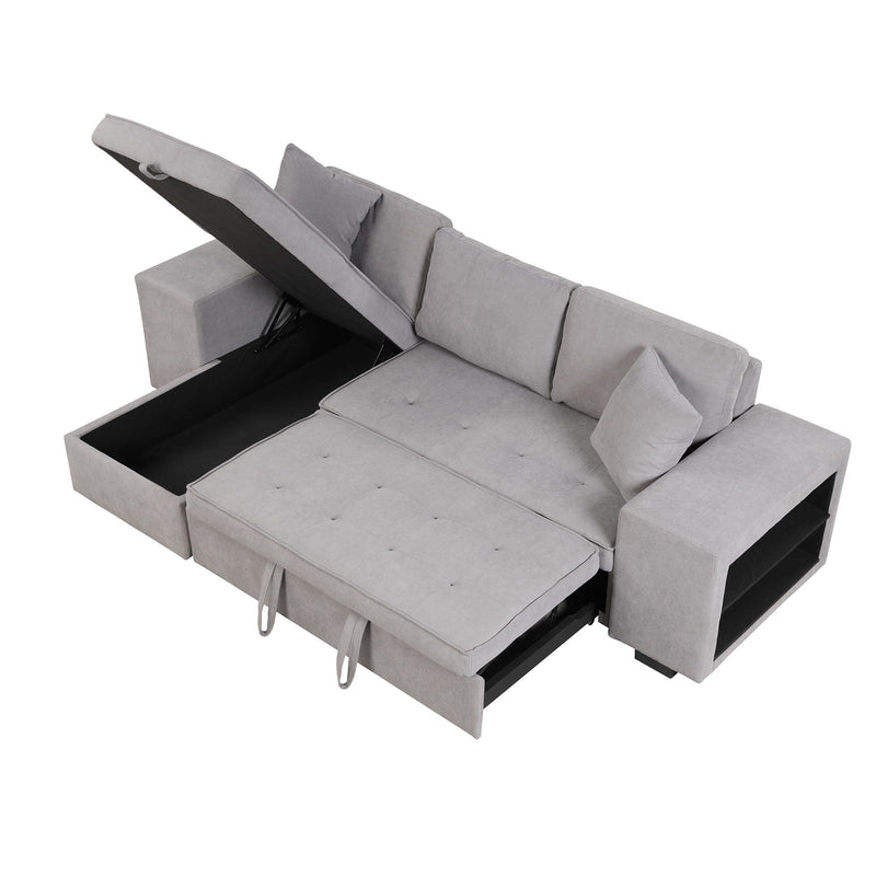 Modern L-Shape 3 Seat Reversible Sectional Couch, Pull Out Sleeper Sofa With Storage Chaise And 2 Stools For Living Room Furniture Set