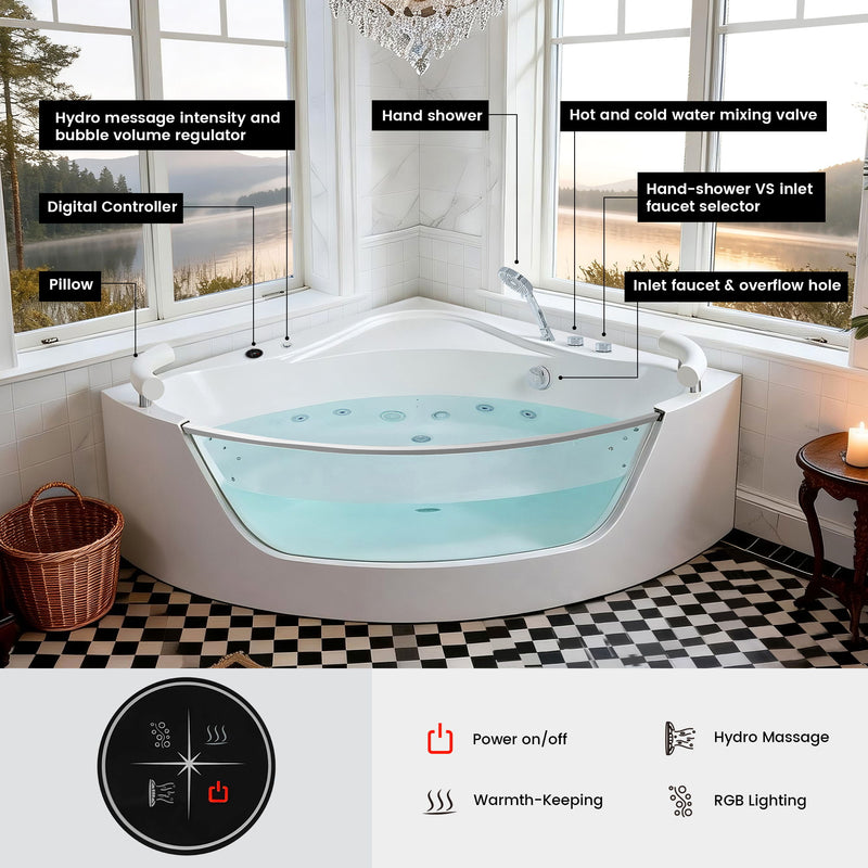 Korra - 2 Person Acrylic Corner Whirlpool Bathtub With Hydro Massage, Rainbow Light, Heater - Milk White
