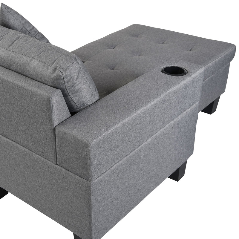Modern Sectional Sofa Set With L Shape Chaise Lounge, Cup Holder, 4 Seat - Gray