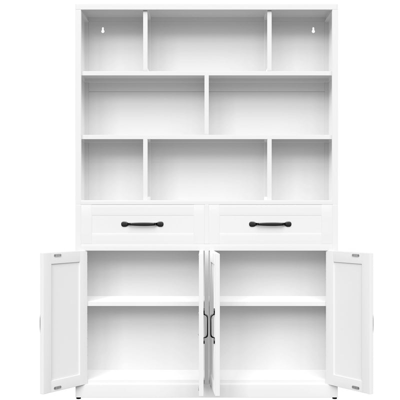 Bookcase Tall With 2 Doors & 2 Drawers, Fixed Open Shelves - White