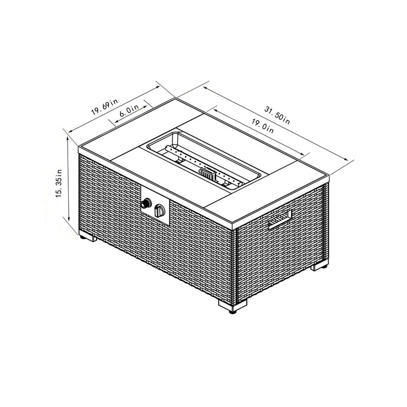 32" Propane Gas Fire Pit Table With Propane Tank Cover, 50000 Btu Rectangular Steel Fire Pit With Beautiful Wicker Base