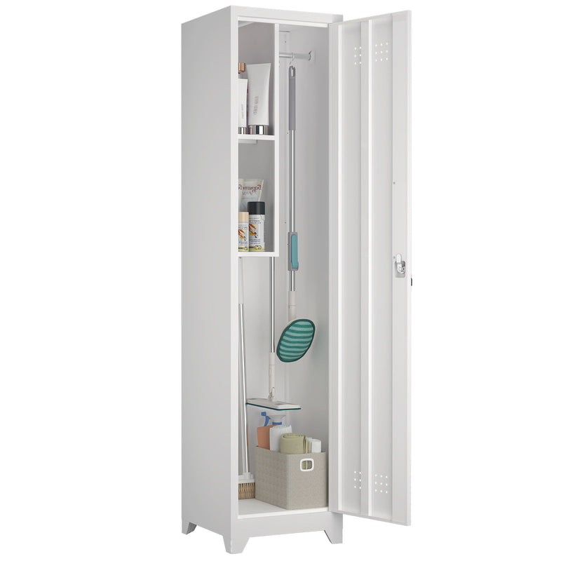 Broom Storage Cabinet Narrow Slim With Hooks And Shelves, Heavy-Duty