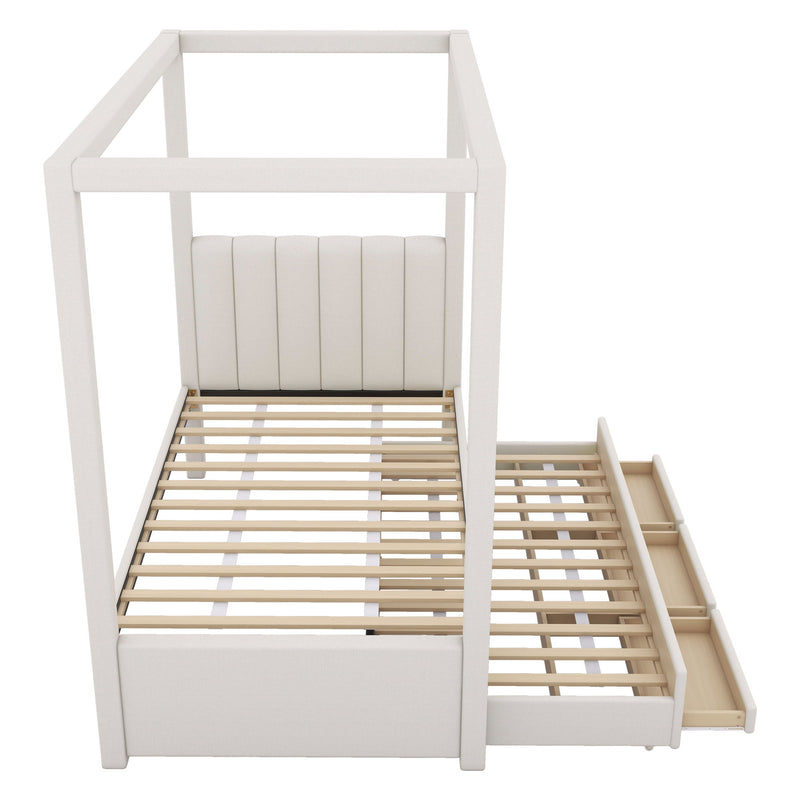 Upholstery Canopy Platform Bed With Trundle And Three Storage Drawers