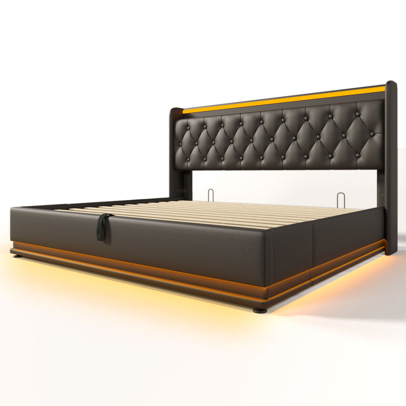 Upholstered Bed, 360 Surround LED Function, Remote Control, Hydraulic Storage Bed With USB, Type-C Charging (Without Mattress)