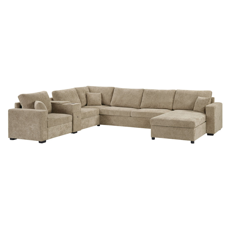 Modular 5 Seat U-Shape Sectional Sofa With Chaise Lounge, Built In Cup Holders And Storage Drawer