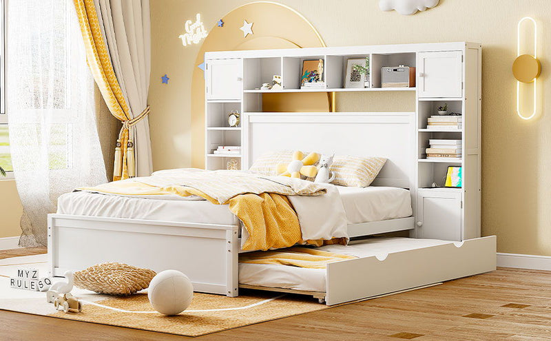 Bed With All In One Cabinet, Shelf And Sockets, Twin Long Trundle