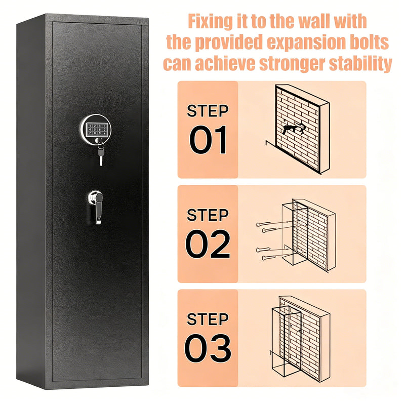 Large Capacity Mechanical Gun Safe For Rifles & Handguns, Digital Password Lock, Built In Independent Lock Box, Adjustable Shelves - Black