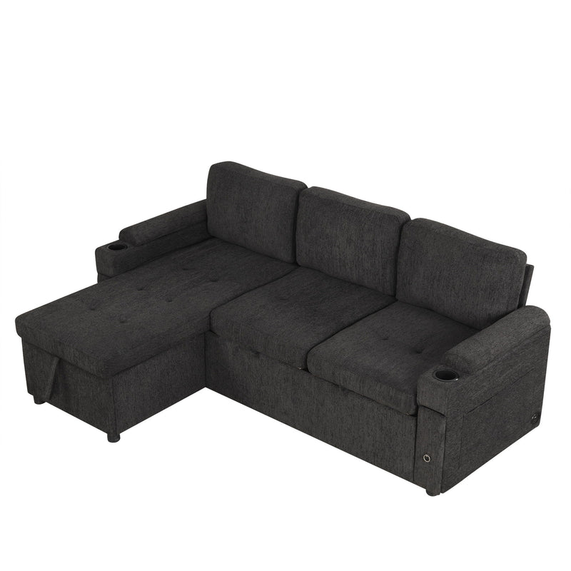 Convertible L Shaped Sofa Couch With Storage, Cup Holders, USB Ports