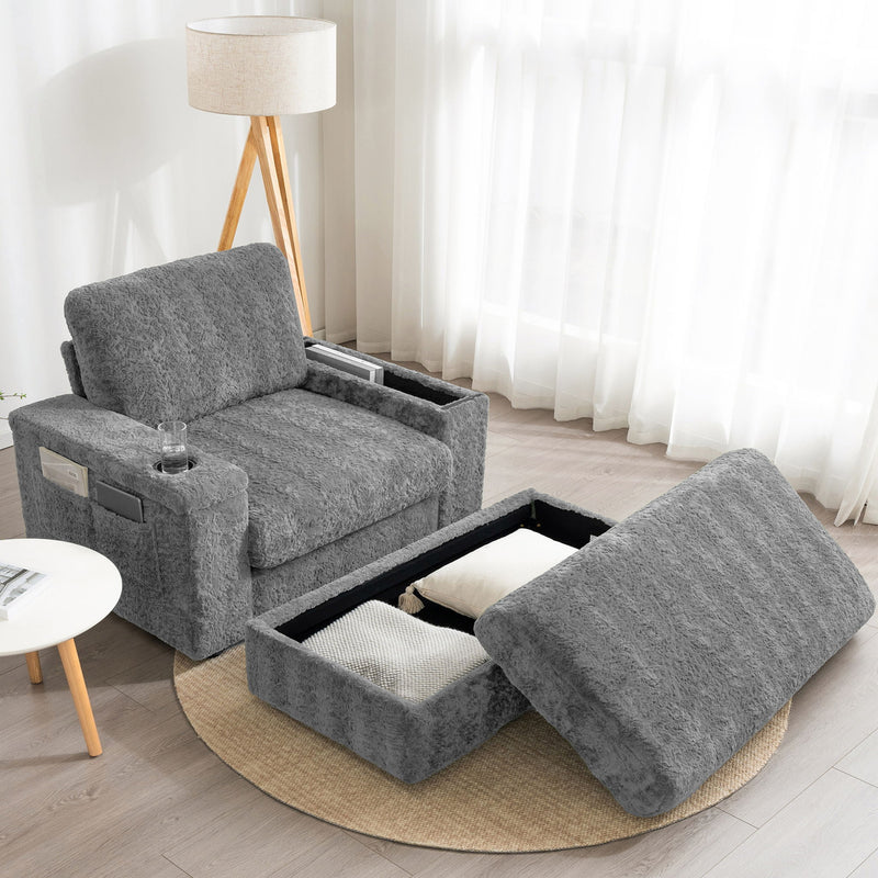 Oversized Chaise Lounge Indoor Rabbit Fur Sofa Bed With Storage Ottoman And Armrests Cup Holders With Deep Seat