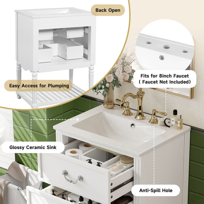 Wave Design Bathroom Vanity With Sink, 2 Drawers And Open Shelf