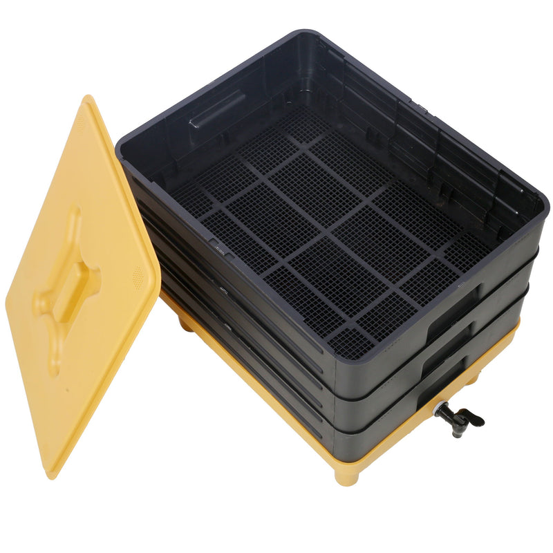 Durable 3 Tray Worm Farm Kit For Efficient Vermicomposting, 65L Capacity - Yellow / Black