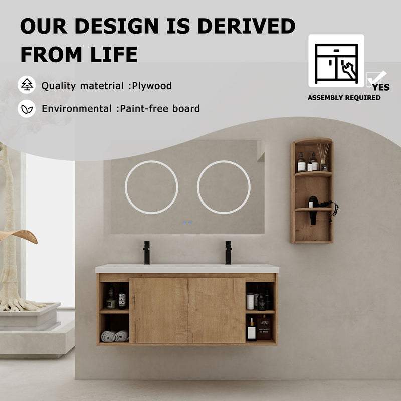 Modern 48" Wall Mounted Bathroom Vanity With Double Resin Sink And Storage Rack Soft Close Doors - Imitative Oak