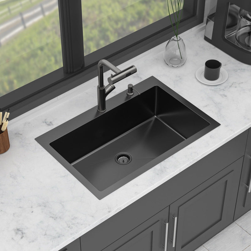 Drop-In Stainless Steel Kitchen Sink With Pull-Out Faucet And Soap Dispenser