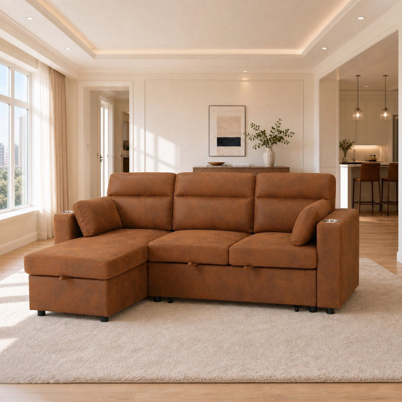 Convertible Sectional Sofa With Storage Chaise, Cup Holders And Pull Out Sleeper