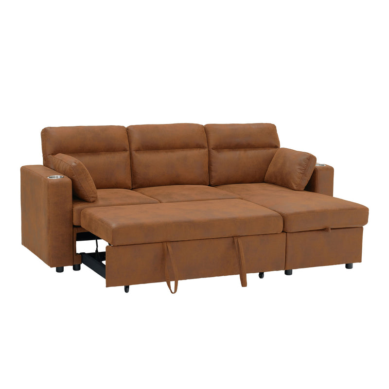 Convertible Sectional Sofa With Storage Chaise, Cup Holders And Pull Out Sleeper
