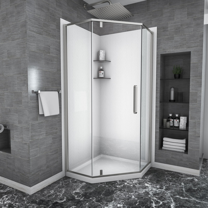 Semi Frameless Neo Angle Hinged Shower Enclosure With Clear Tempered Glass - Brushed Silver