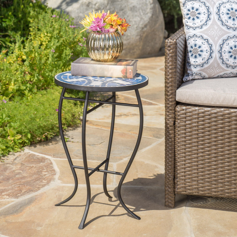 Outdoor Round Side Table With Mosaic Style Top And Curved Iron Legs - Blue / Matte Black
