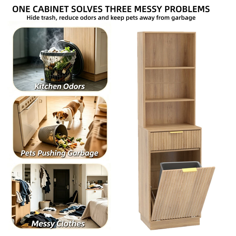 Tall Narrow Fluted Storage Cabinet With Trash Bin Compartment For Kitchen (Trash Can Not Included)