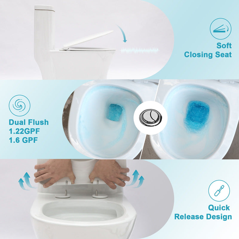 1 Piece Toilet For Bathroom, Dual Flush 1.22/1.6 Gpf, Soft Closing Seat - White