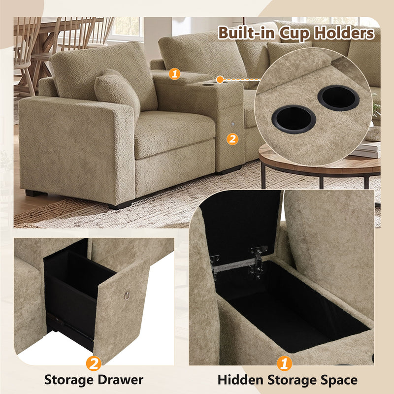 Modular 5 Seat U-Shape Sectional Sofa With Chaise Lounge, Built In Cup Holders And Storage Drawer