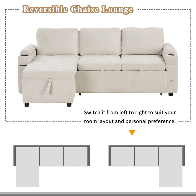 Convertible L Shaped Sofa Couch With Storage, Cup Holders, USB Ports