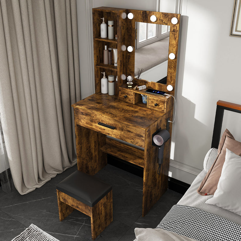 Vanity Table With Mirror, Adjustable LED Lights, Power Outlet, Hairdryer Holder & Stool