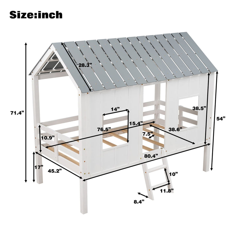 Twin Size Low Loft House Bed With Roof And 2 Front Windows - White
