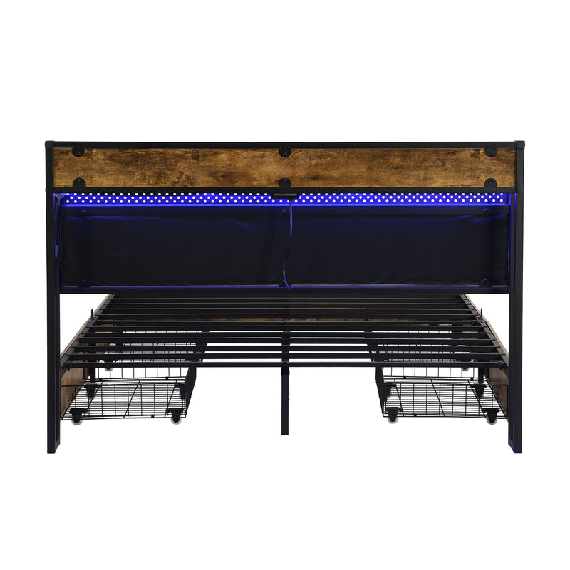 Modern Bed Frame With LED Lights, Upholstered Headboard, USB Charging