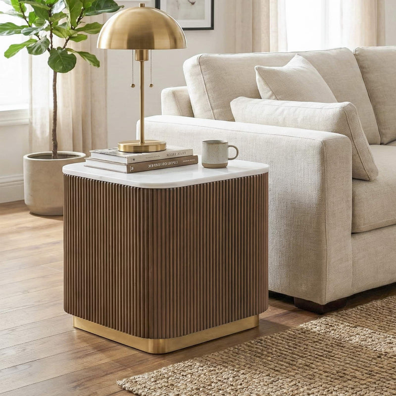 3 Piece Table Set (Rectangle Cocktail Table And Two Square End Tables) - Brown / Gold / White