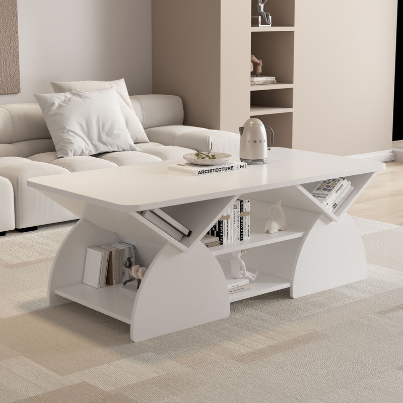 Geometric Engineered Coffee Table With Rounded Corners With Open Shelves