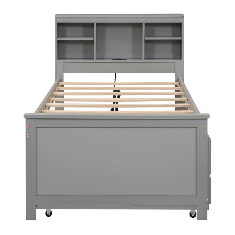 Platform Bed With Storage Headboard, USB, Trundle And 3 Drawers