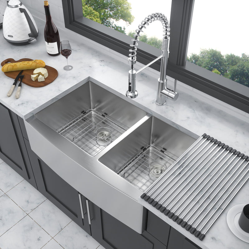 Double Bowl Sink 60 / 40 Split Apron Front Kitchen Sink In 16 Gauge With 2 10" Deep Basins 33" X21" X10" - Brushed Nickel