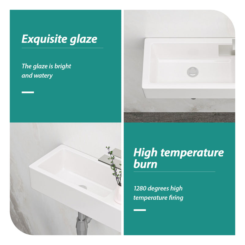 Modern Ceramic Rectangle Wall Mount Bathroom Sink With Single Faucet Hole - White