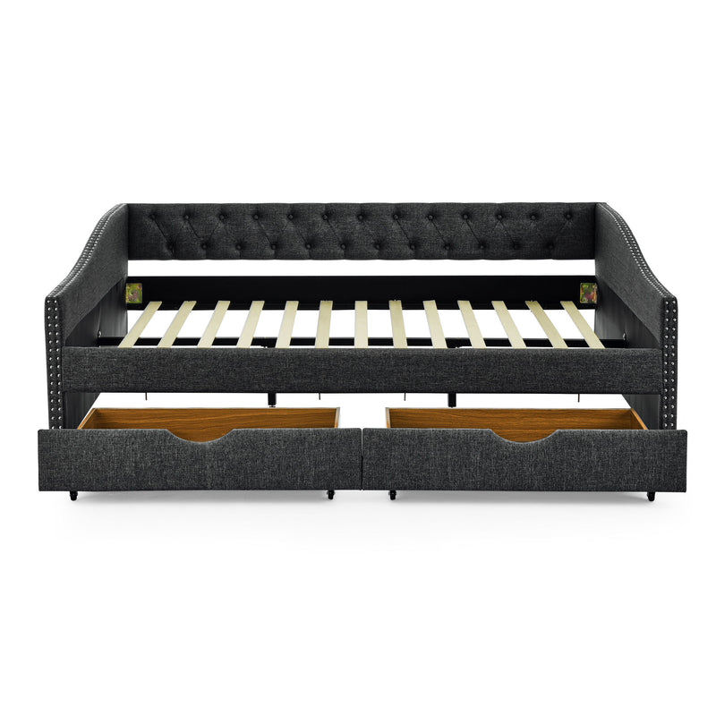 Upholstered Tufted Daybed With 2 Drawers, Waved Arms