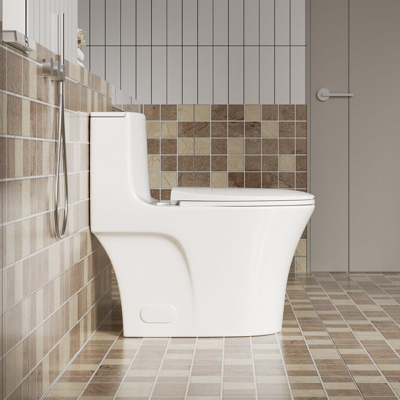 Elegant One Piece Toilet With Tornado Dual Flush, Siphonic S Trap 12", Soft Close Seat, Dual Flush, Ada Height, Glossy - Gloss White