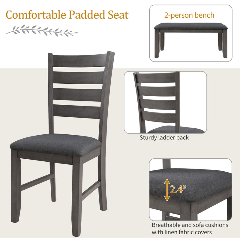 Dining Set For 6, Upholstered Chairs, Includes Table, 4 Chairs, And 2 Person Bench - Gray