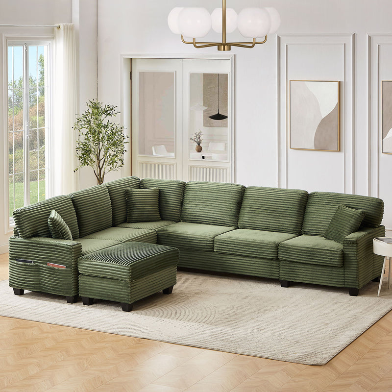 Upholstered U-Shaped Sectional Sofa With Movable Ottoman And Side Storage Pockets