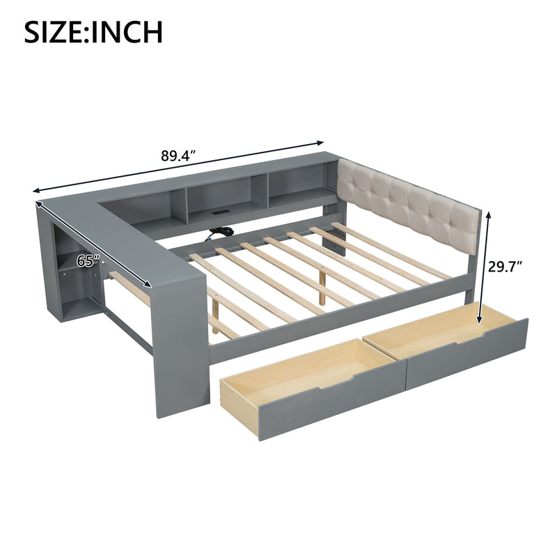 Upholstered Headboard Platform Bed With Storage Shelves, Drawers, Charging Station