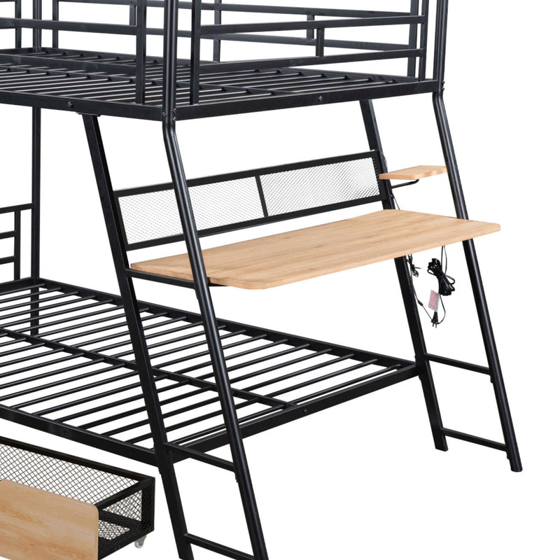 Full Size Bunk Bed With Built In Desk, Light, And 2 Drawers - Black