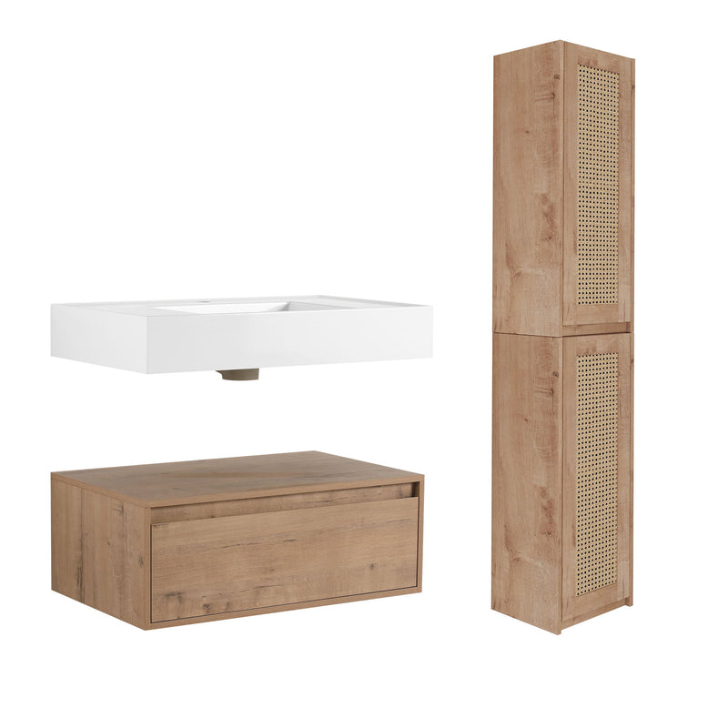 Modern Imitative Wall Mounted Bathroom Vanity With Resin Sink & 2 Side Cabinet, Soft Close Drawer - Imitative Oak
