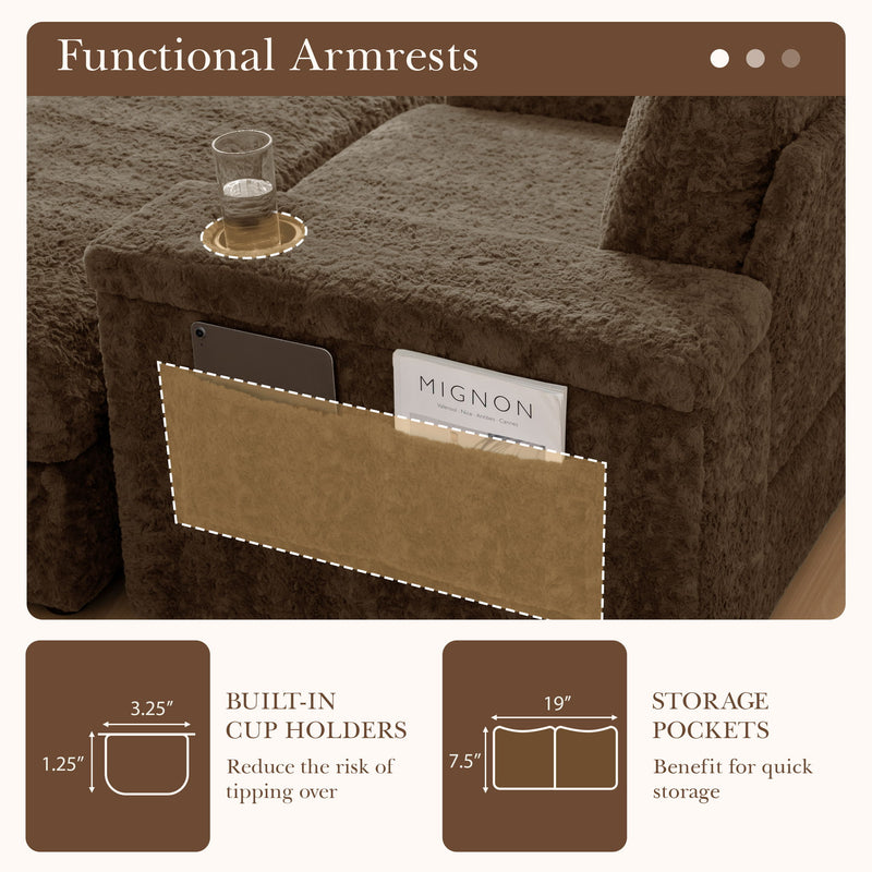 Oversized Chaise Lounge Indoor Rabbit Fur Sofa Bed With Storage Ottoman And Armrests Cup Holders With Deep Seat