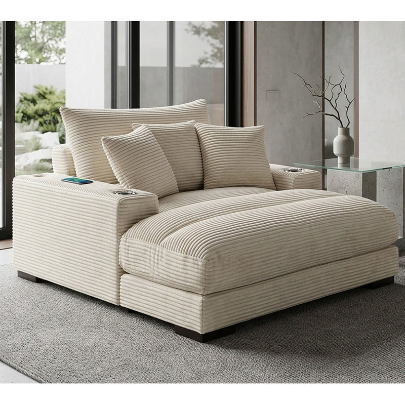 Upholstered Chaise Lounge With Cup Holders USB Port And Pillows