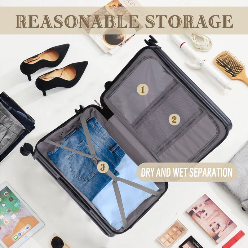 20" / 24" / 28" 3 Pieces / Set Spinner Wheel Luggage, Carry On Suitcase, With Cup Holder & USB Port & Phone Holder