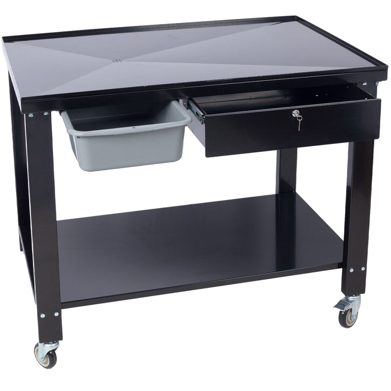 Transmission Teardown Work Station 1 / 2 Ton Capacity Sloping Drain Table Locking Drawer Removable Drain Basin Full-Width Lower Shelf Four 4" Caster Wheels