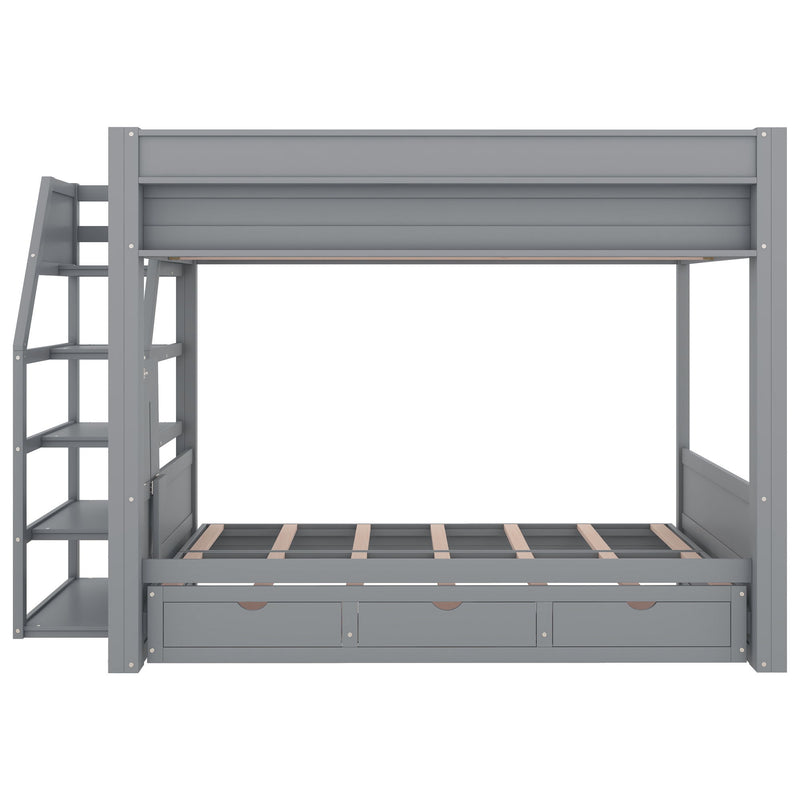Wood Full Size Convertible Bunk Bed With Storage Staircase, Bedside Table, And 3 Drawers - Gray