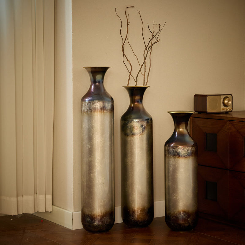 Modern Droplet Shaped Floor Vase Set, Glazed Metal Decorative Vases 3 Piece Home Accent For Living Room - Gold / White
