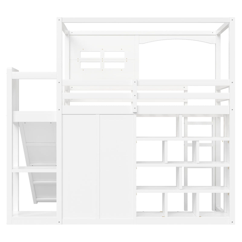 Twin Size Loft Bed With Wardrobe, Storage Shelves, Slide And LED - White